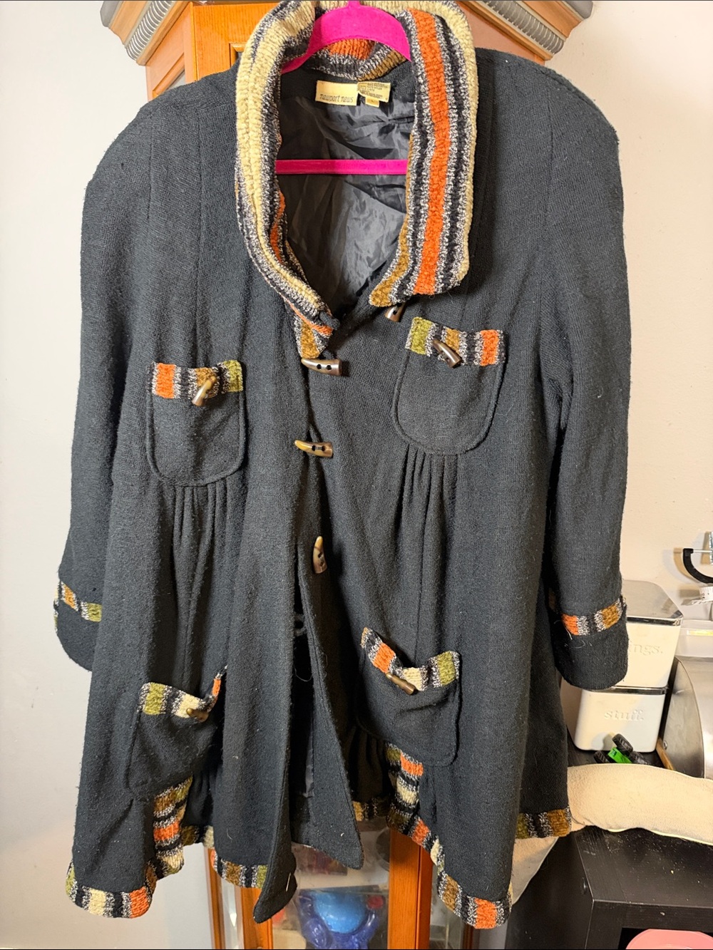 Newport News Black Pea Coat with Striped Trim